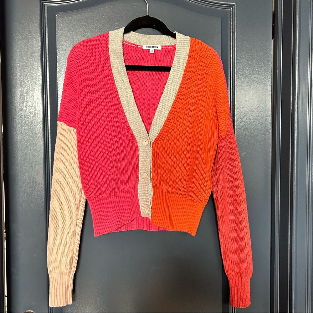 Steve Madden Size Small Colorblock Cropped Pink and Orange Cardigan Swea…